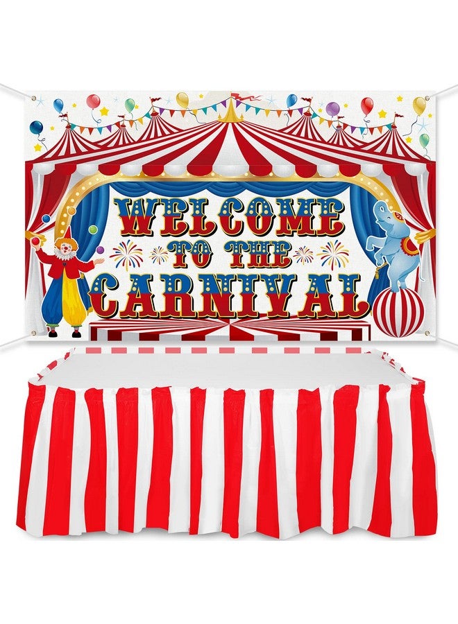 Macarrie Halloween Trunk Or Treat Circus Carnival Party Decorations 71 X 43 Inch Carnival Backdrop Happy Halloween Banner And Red White Striped Table Skirt Set For Christmas Halloween Party Supplies - Image 1
