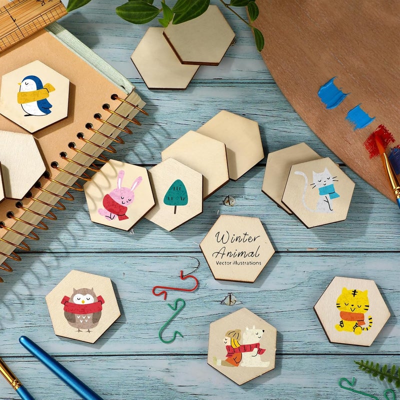 AWIZOM 120 Pcs Unfinished Wood Hexagon Pieces 15 Thick Wooden Hexagon Cutouts Blank Wood Hexagon Slices Wooden Chips Embellishments for DIY Crafts Painting Board Games Holiday Home Wall Decor2x17 Inch - Image 4