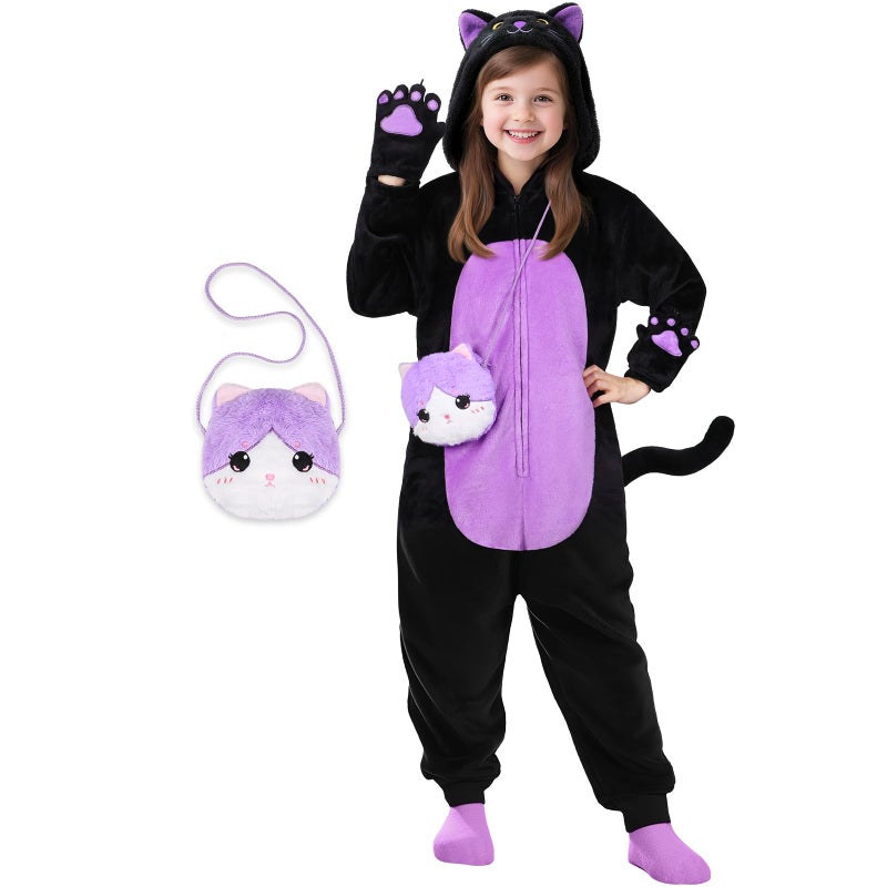 Joycover Black Cat Costume for Girls Kids Hooded Cat Onesie with Tail Paw Purse Bag Animal Noir Costume Girls Halloween Costumes for Kids Age 510 Gifts for Birthday Halloween Party Occasions L - Image 3