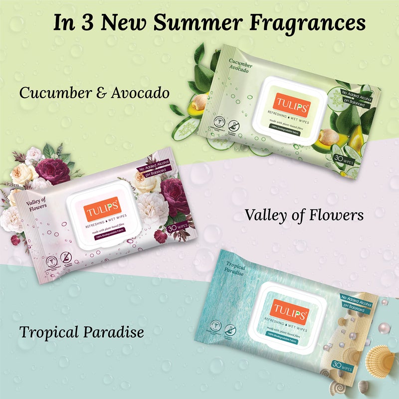 Tulips Refreshing/Makeup Remover Wet Wipes made with Plant based fibre, LID Pack (Tropical Paradise) (Pack of 3, 30 wipes each) - Image 4