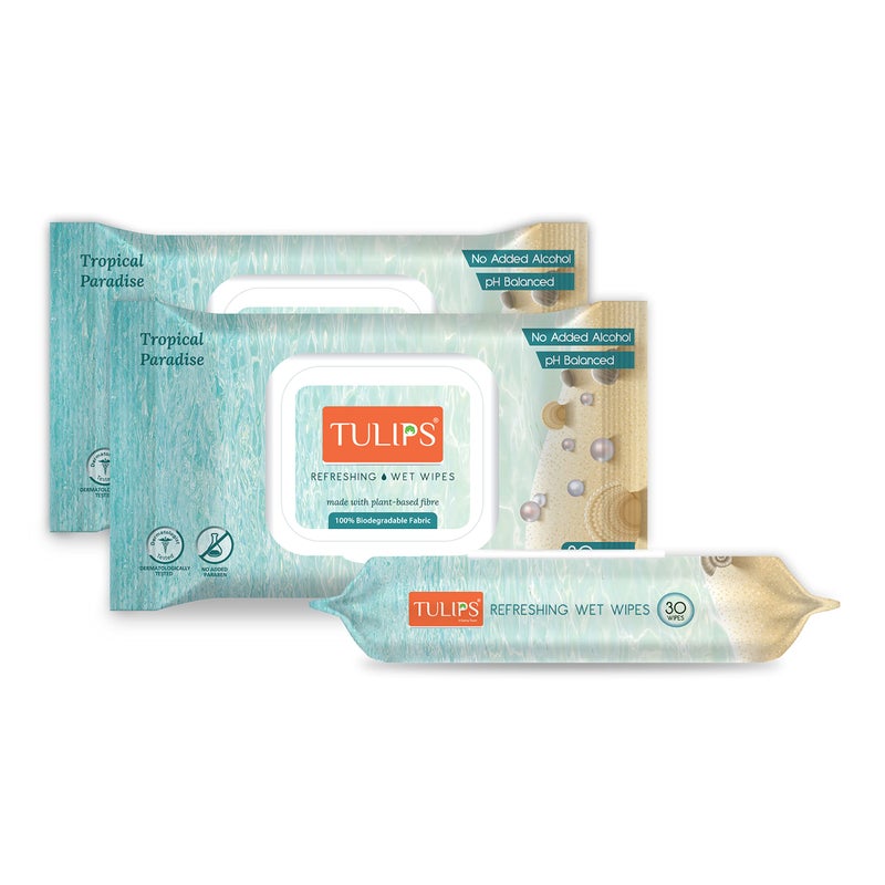 Tulips Refreshing/Makeup Remover Wet Wipes made with Plant based fibre, LID Pack (Tropical Paradise) (Pack of 3, 30 wipes each) - Image 1