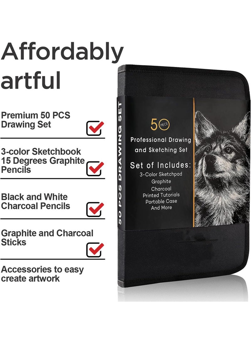 50 حزمة الرسم مجموعة مجموعة الرسم، الرسم الإمدادات مع 3-لون Sketchbook، الجرافيت، وقلم الفحم، برو الفن الرسم مجموعة للفنانين الكبار المراهقين مبتدئ طفل، مثالية للتظليل، الخلط - Image 3