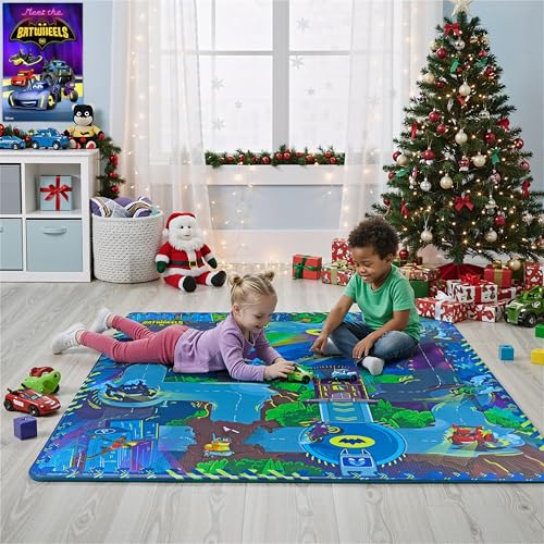 KC Cubs Batwheels EVA Foam Puzzle Mat Soft NonToxic Baby Play Mat for Tummy Time Kids Preschool Nursery 16 Tiles 12x12 24 Borders Road Activity Gym Playmat for Boy Girl Toddlers KC Cubs - Image 1