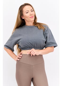 Women Crew Neck Short Sleeve Plain Top, Dark Grey