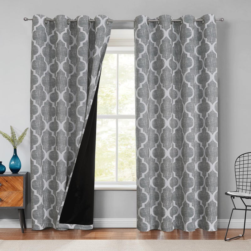 Beauoop 100% Blackout Curtains 84 Inches Long 2 Panels for Bedroom Living Room Grey Moroccan Geo Room Darkening Thermal Insulated Soundproof Grommet Top Window Treatments Drapes, 50x84 Set of 2 - Image 1