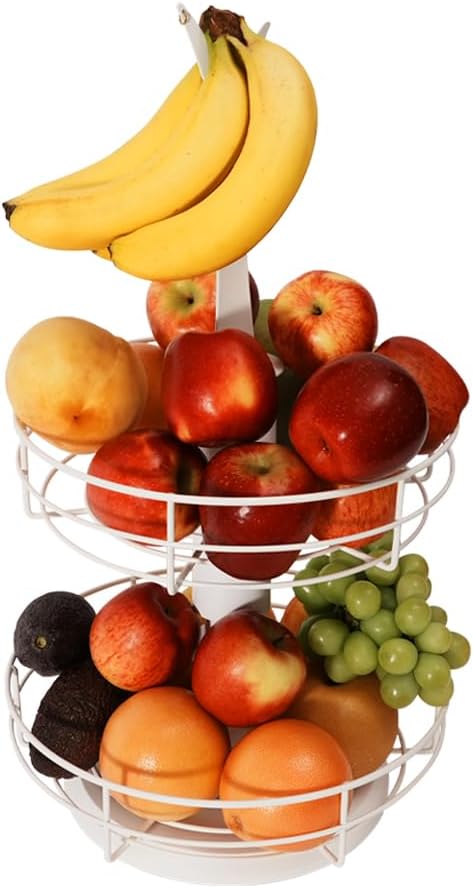 J JACKCUBE DESIGN 2Tier Rotating Fruit Basket for Kitchen Counter Fruit Vegetable Basket with Banana Hook Holder White  MK1313B - Image 1