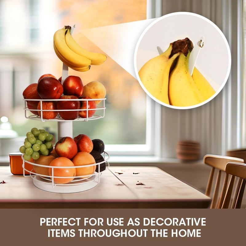 J JACKCUBE DESIGN 2Tier Rotating Fruit Basket for Kitchen Counter Fruit Vegetable Basket with Banana Hook Holder White  MK1313B - Image 3