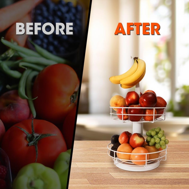 J JACKCUBE DESIGN 2Tier Rotating Fruit Basket for Kitchen Counter Fruit Vegetable Basket with Banana Hook Holder White  MK1313B - Image 5