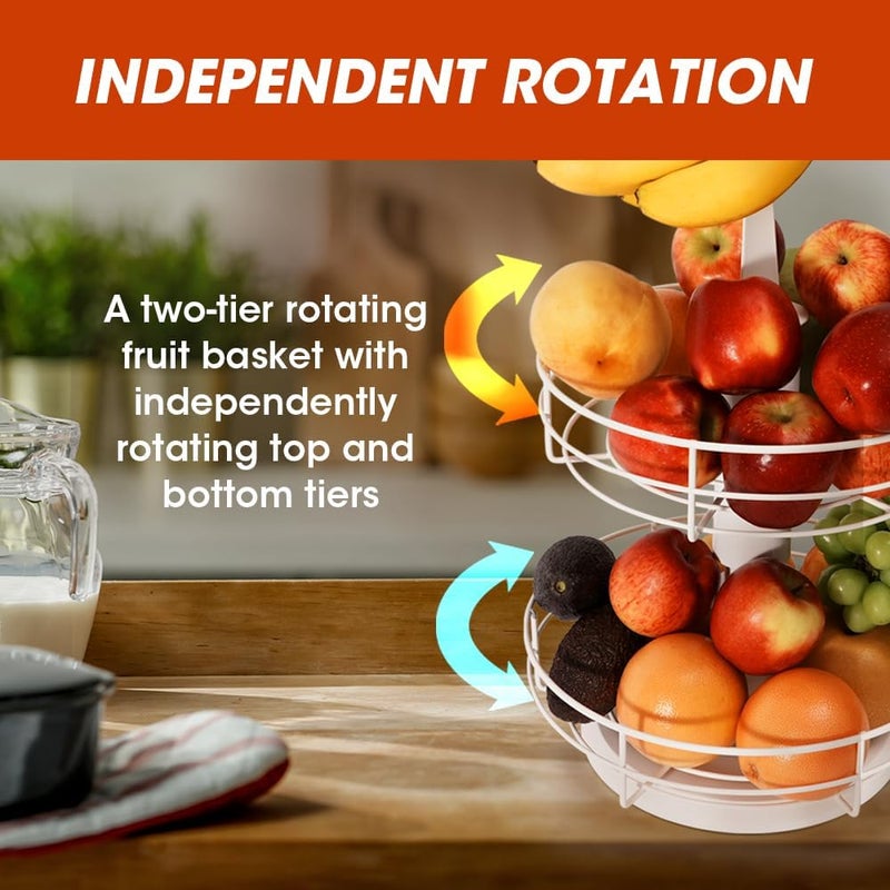 J JACKCUBE DESIGN 2Tier Rotating Fruit Basket for Kitchen Counter Fruit Vegetable Basket with Banana Hook Holder White  MK1313B - Image 2