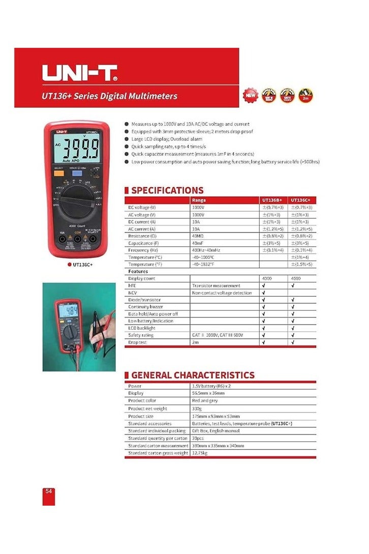 UniT UNI-T UT136C+ Multimeter Digital multimeter Tester AC DC Voltmeter Ammeter Ohm capacitance HFE Diode/Transistor Tester - Image 3