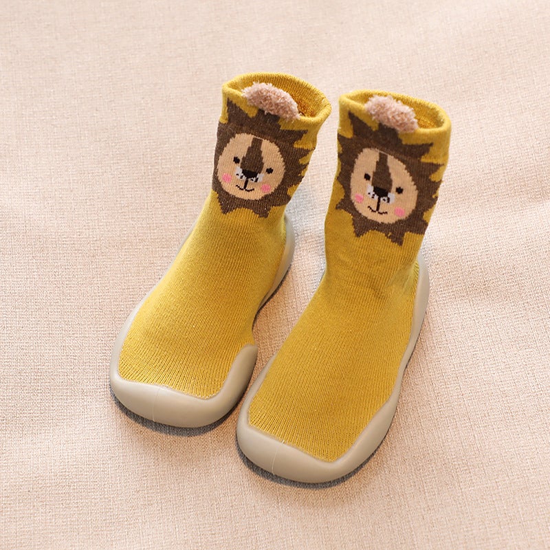 Kids Cartoon Sock Shoes Spring Autumn Anti-Slip Mid-Tube Yellow Lion (gray bottom) 