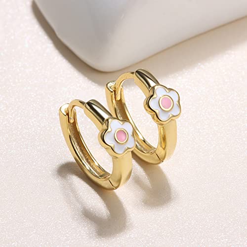MILACOLATO 925 Sterling Silver Small Hoop Earrings Toddler 18K Gold Plated Daisy Earrings Pink FLower Huggie Hoop Earrings for Women Hypoallergenic Earrings for Sensitive Ears - Image 4