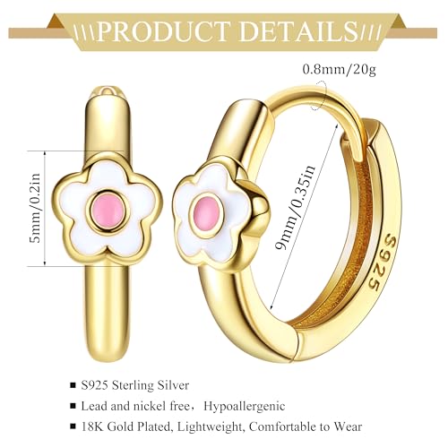 MILACOLATO 925 Sterling Silver Small Hoop Earrings Toddler 18K Gold Plated Daisy Earrings Pink FLower Huggie Hoop Earrings for Women Hypoallergenic Earrings for Sensitive Ears - Image 2