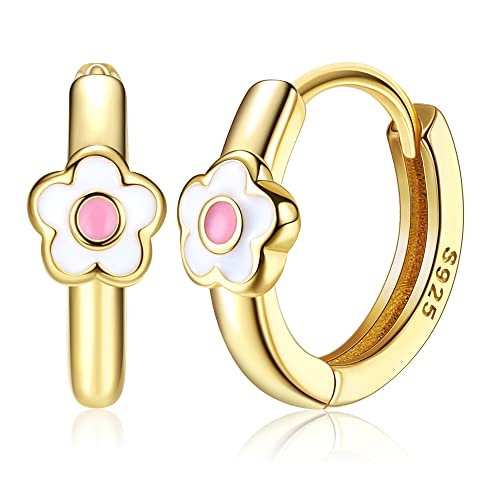 MILACOLATO 925 Sterling Silver Small Hoop Earrings Toddler 18K Gold Plated Daisy Earrings Pink FLower Huggie Hoop Earrings for Women Hypoallergenic Earrings for Sensitive Ears - Image 1