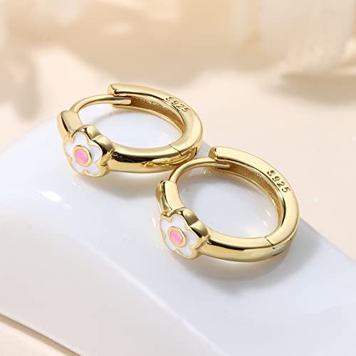 MILACOLATO 925 Sterling Silver Small Hoop Earrings Toddler 18K Gold Plated Daisy Earrings Pink FLower Huggie Hoop Earrings for Women Hypoallergenic Earrings for Sensitive Ears - Image 5