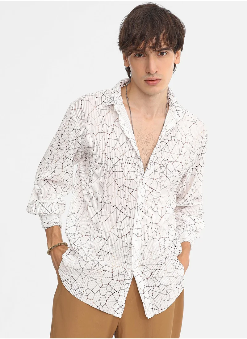 Campus Sutra Men's Chalk White Veined-Pleated Shirt