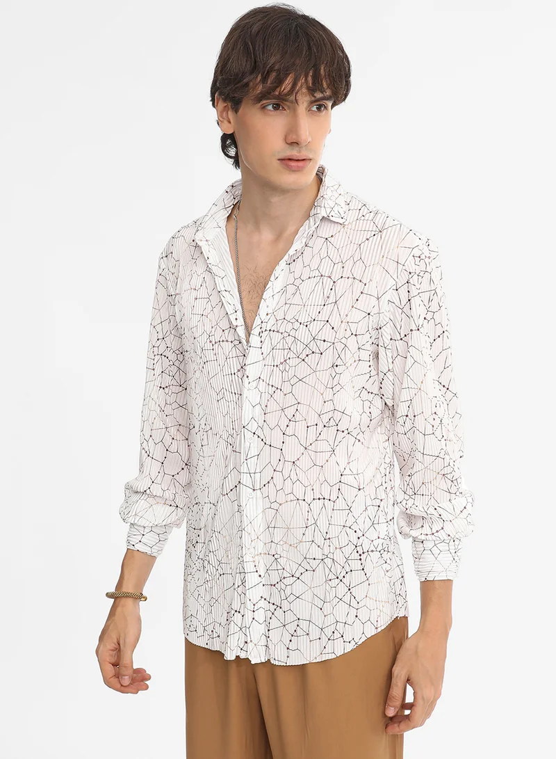 Campus Sutra Men's Chalk White Veined-Pleated Shirt