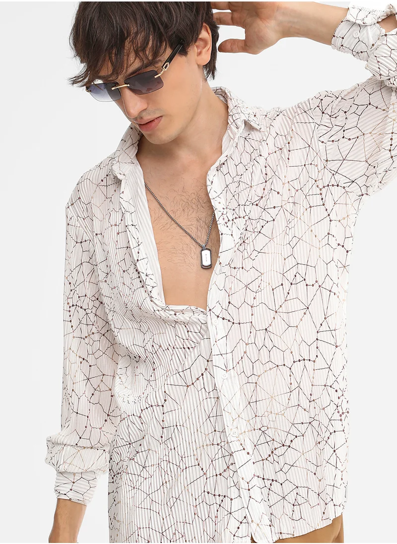 Campus Sutra Men's Chalk White Veined-Pleated Shirt