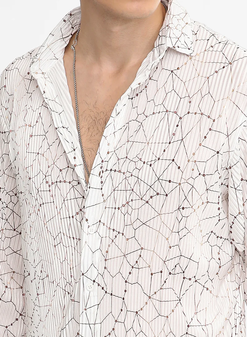 Campus Sutra Men's Chalk White Veined-Pleated Shirt