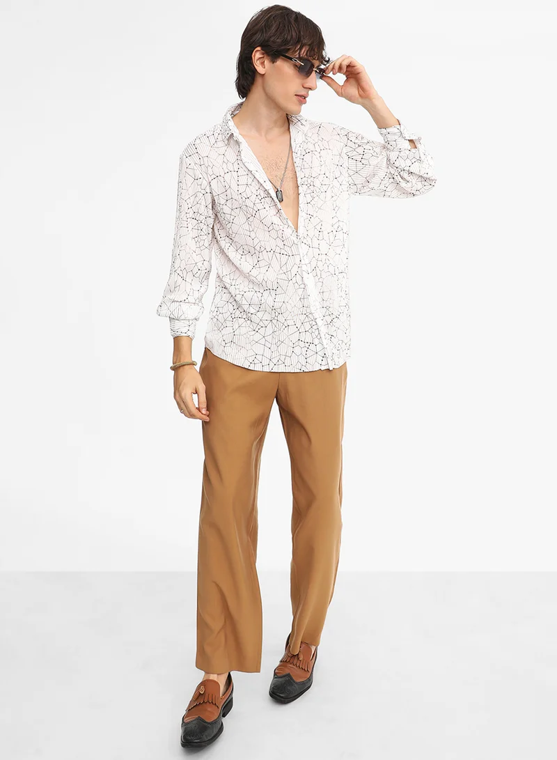 Campus Sutra Men's Chalk White Veined-Pleated Shirt