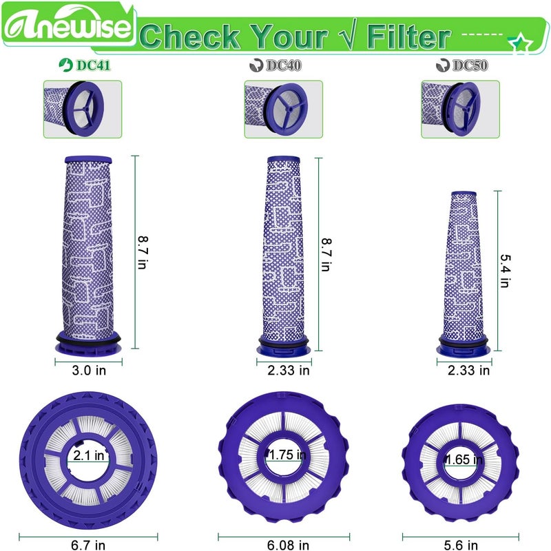Anewise بدائل فلاتر لمكنسة دايسون DC41، DC65، DC66، UP13، UP20 متعددة الأرضيات، ومكنسة الكرة والحيوانات الأليفة، 2 فلتر HEPA خلفي و2 فلتر أولي، بديل للأجزاء رقم 920769-01 و920640-01 - Image 3