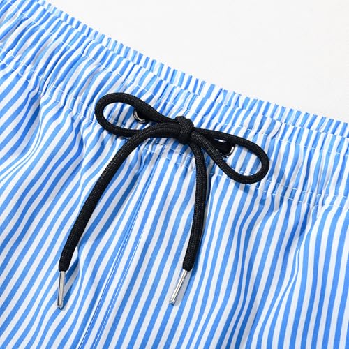 MADHERO Mens Swim Trunks with Compression Liner 2 in 1 Quick Dry Swimming Shorts Swimwear Light Blue Stripe Size L - Image 5