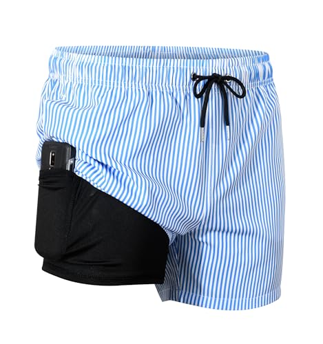 MADHERO Mens Swim Trunks with Compression Liner 2 in 1 Quick Dry Swimming Shorts Swimwear Light Blue Stripe Size L - Image 2