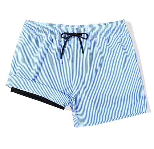 MADHERO Mens Swim Trunks with Compression Liner 2 in 1 Quick Dry Swimming Shorts Swimwear Light Blue Stripe Size L - Image 1