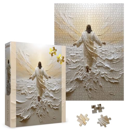 Larkipuzz Christian Jesus Aesthetic Puzzles for Adults 1000 Pieces White Religious Ocean Jigsaw Puzzle Difficult Challenging Art Puzzles - Image 1