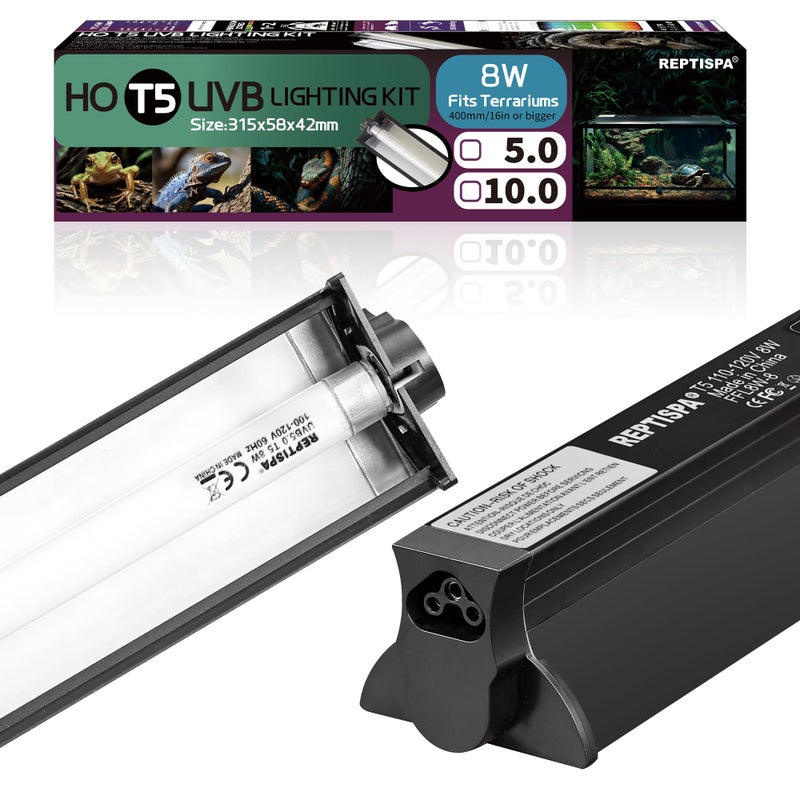 Reptispa T5 HO UVB Lighting Combo Kit, 8W Reptile Light Fixture with Fluorescent Light Bulbs, Tropical 5.0 UVB Light for Reptiles and Amphibians, Basking Light for Bearded Dragon, High Output Natural Light - Image 1