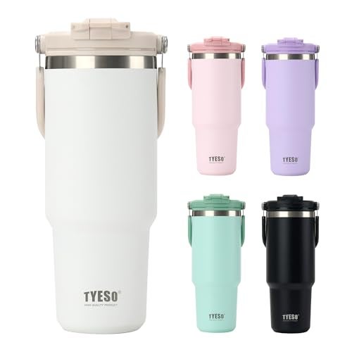 TYESO Tumbler with Flip Straw & Sip Lid, Vacuum Insulated Water Bottle, Double Wall Stainless Steel Coffee Cup Travel Mug Leak Proof (WHITE, 30 OZ) - Image 1