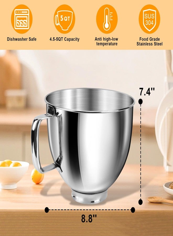 JEASOM 5 Quart Mixing Bowl for KitchenAid Stand Mixers, Food-Grade Stainless Steel Bowl with Handle & Clasp, Compatible with Tilt-Head 4.5-5 Qt Models - Fits K45, K45SS, KSM75, KSM150, KSM95 (Silver, 5QT) - Image 2
