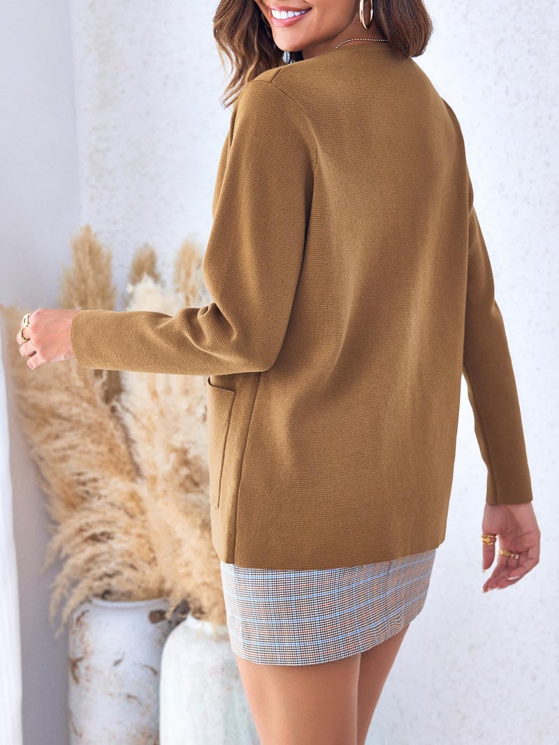 Langwyqu Womens Crew Neck Button Down Cardigan Sweaters Blazer Casual Long Sleeve Knit Solid Sweater with Pockets Khaki - Image 4