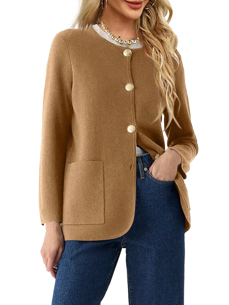 Langwyqu Womens Crew Neck Button Down Cardigan Sweaters Blazer Casual Long Sleeve Knit Solid Sweater with Pockets Khaki - Image 5