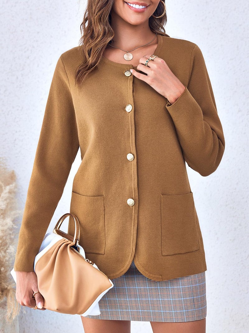 Langwyqu Womens Crew Neck Button Down Cardigan Sweaters Blazer Casual Long Sleeve Knit Solid Sweater with Pockets Khaki - Image 3