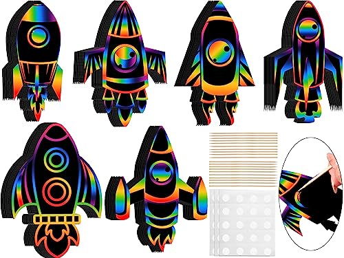 Liliful 48 Set Rocket Scratch Cards Space Theme Party Scratch Crafts Paper Card Art Favors for Adult DIY Crafts Home Decoration Project 6 Styles - Image 1