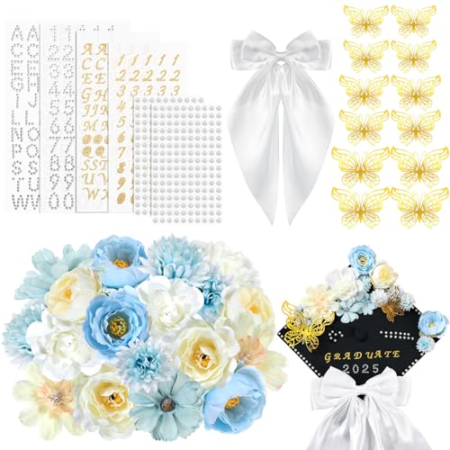 Solsew 42 Pcs DIY Graduation Cap Decoration Accessory Kit Faux Flower Head 3D Butterfly for Grad Hat Decor Rhinestone Pearl Sticker Letter Number Sticker Bow Knot for Wreath Grad Cap Graduation Party - Image 1