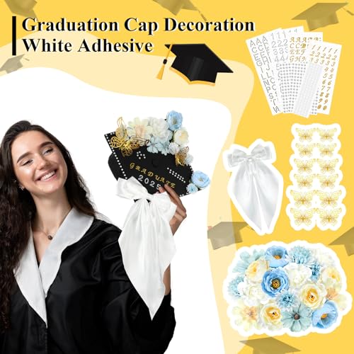 Solsew 42 Pcs DIY Graduation Cap Decoration Accessory Kit Faux Flower Head 3D Butterfly for Grad Hat Decor Rhinestone Pearl Sticker Letter Number Sticker Bow Knot for Wreath Grad Cap Graduation Party - Image 3