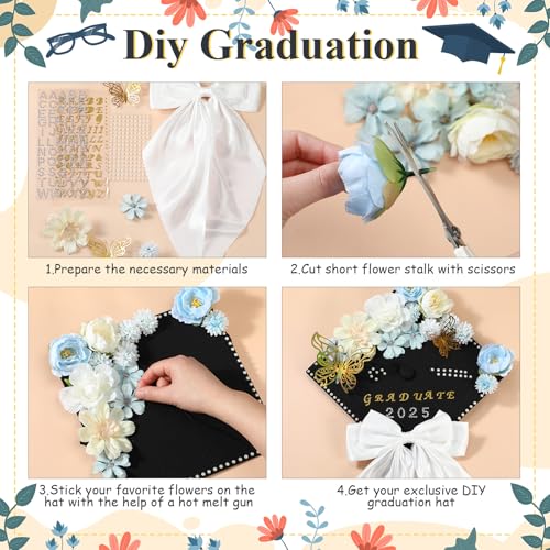 Solsew 42 Pcs DIY Graduation Cap Decoration Accessory Kit Faux Flower Head 3D Butterfly for Grad Hat Decor Rhinestone Pearl Sticker Letter Number Sticker Bow Knot for Wreath Grad Cap Graduation Party - Image 2