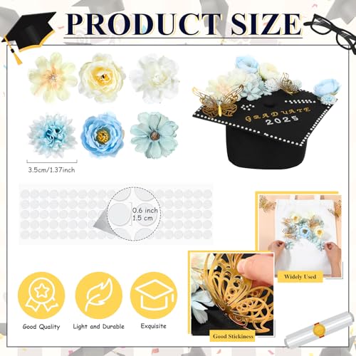 Solsew 42 Pcs DIY Graduation Cap Decoration Accessory Kit Faux Flower Head 3D Butterfly for Grad Hat Decor Rhinestone Pearl Sticker Letter Number Sticker Bow Knot for Wreath Grad Cap Graduation Party - Image 4
