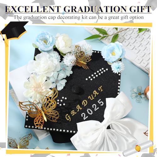 Solsew 42 Pcs DIY Graduation Cap Decoration Accessory Kit Faux Flower Head 3D Butterfly for Grad Hat Decor Rhinestone Pearl Sticker Letter Number Sticker Bow Knot for Wreath Grad Cap Graduation Party - Image 5