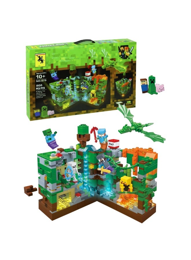 866 PCS Jungle Fortress Building Blocks Set with LED Lights – DIY Ancient Temple Castle Construction Toy | Minecraft Themed Battle Playset for Boys & Girls 10+ | Educational STEM Brick Kit | Green Forest World Model with Night Light | Creative Gift