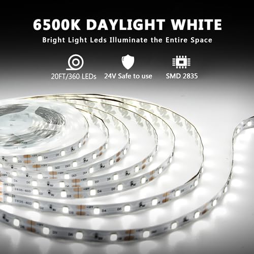 dalattin White LED Strip Lights, 20ft Dimmable Super Bright 24V Led Tape Light 6500K 360 LEDs Lights for Bedrooms, Mirror, Kitchen, Home Decoration Daylight White - Image 2
