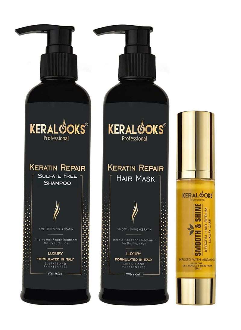 keralooks professional - Keralooks professional keratin shampoo 250ML And Hair Mask 250ml and Argan hair serum 50ML Combo pack Promote silky smooth and frizz free hair - Image 1