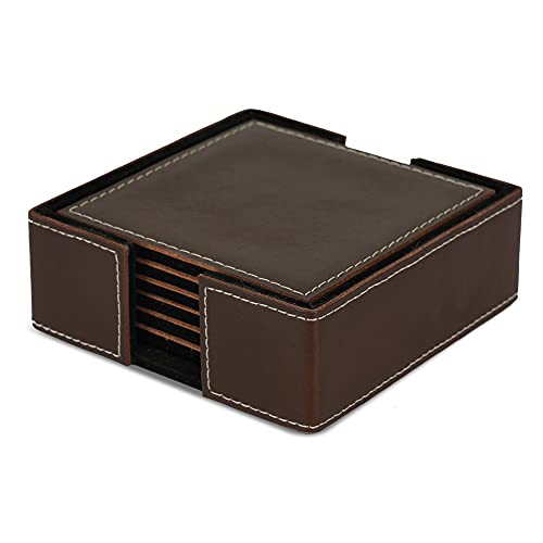 DECOWORLD || Genuine Buff Leather Tea Coasters Set of 6 with Stand || Coasters for Cups, Coffee Mugs, Drinks|| Coasters for Dining Table. Coffee Table for Home or Office Use (Brown) - Image 1