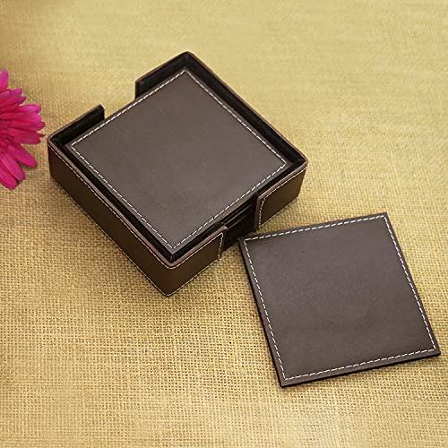 DECOWORLD || Genuine Buff Leather Tea Coasters Set of 6 with Stand || Coasters for Cups, Coffee Mugs, Drinks|| Coasters for Dining Table. Coffee Table for Home or Office Use (Brown) - Image 3