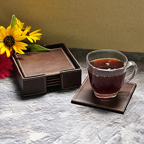 DECOWORLD || Genuine Buff Leather Tea Coasters Set of 6 with Stand || Coasters for Cups, Coffee Mugs, Drinks|| Coasters for Dining Table. Coffee Table for Home or Office Use (Brown) - Image 2