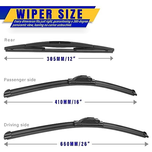 Rooppa 3 wipers Replacement for 2013-2017 Subaru Crosstrek/2012-2016 Subaru Impreza/2009-2016 Nissan Murano, Windshield Wiper Blades Original Equipment Replacement - 26"/16"/12" (Set of 3) U/J HOOK - Image 2