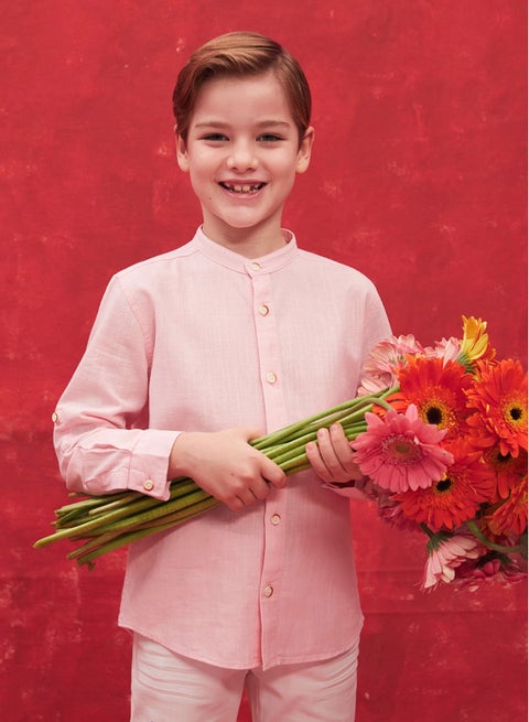 Grandad Collar Basic Long Sleeve Boy Shirt