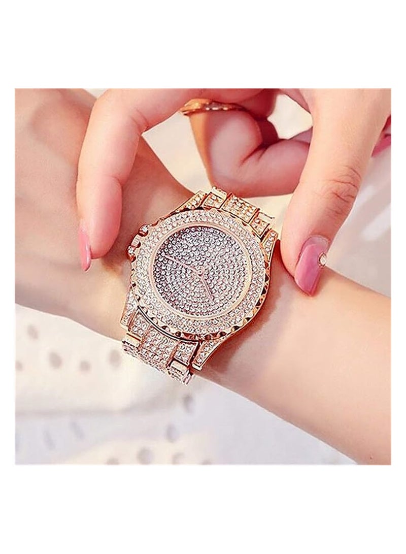 Excefore Luxury Ladies Watch Iced Out Watch with Quartz Movement Crystal Rhinestone Diamond Watches for Women Stainless Steel Wristwatch Full Diamonds Rose Gold - Image 3